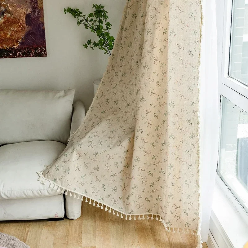 Linen Curtain Eyelet - Tirai rumah pertanian bunga semi-blackout, tirai